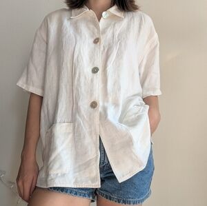 100% Linen Collared Button Down Short Sleeve Blouse